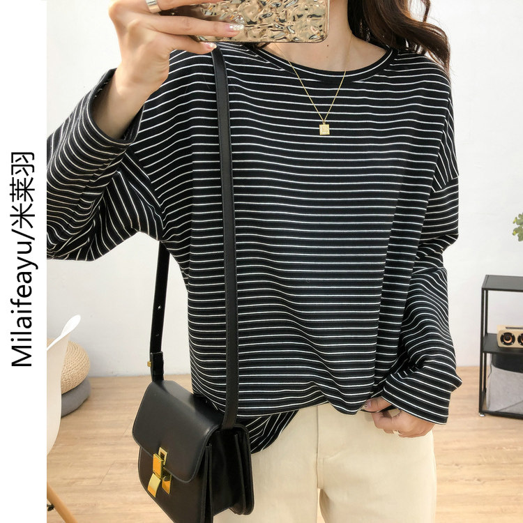 Round collar stripes long sleeve female spring and autumn thin 2022 new Han version casual T - shirt temperament with a bottom coat in