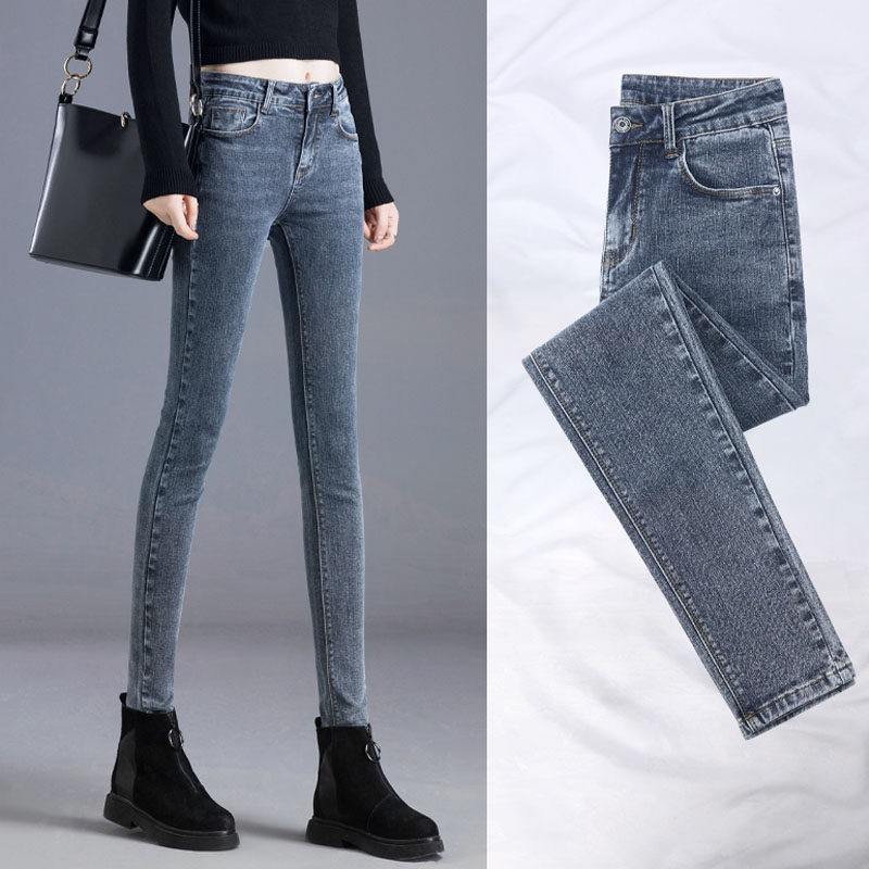 High waist jeans women's 2022 season new Korean version of slim fit stretch plus suede thickened with small foot pencil pants damp