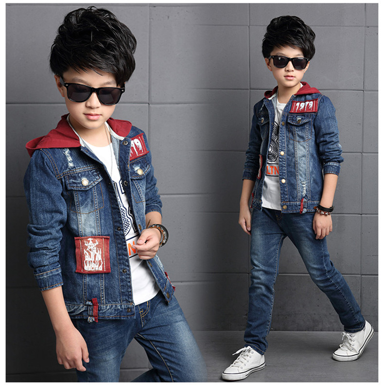 Bộ đồ denim bé trai mùa thu 2018 xuân mới phiên bản Hàn Quốc 10 bé trai đẹp trai quần áo trẻ em 8-12 tuổi áo phao trẻ em mùa đông