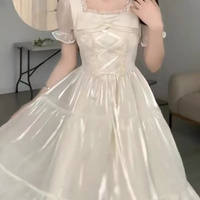 French square neck gentle style dress for women summer plus size fat mm high-end puff sleeves and bow princess skirt