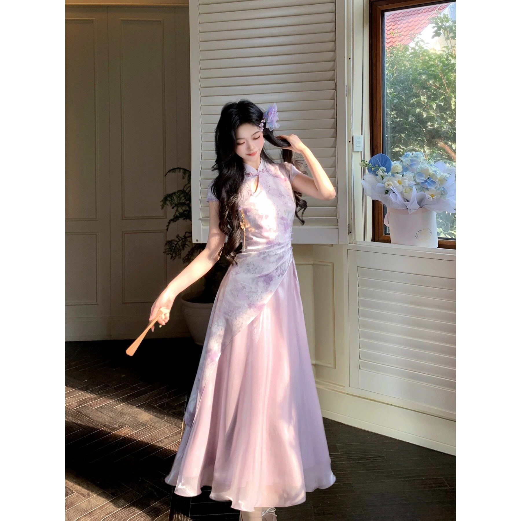 伝統的な中国風デザインをアレンジした、ダーク柄プリントのチャイナドレスロングドレス、夏用プラスサイズウエストスリムガーゼドレス