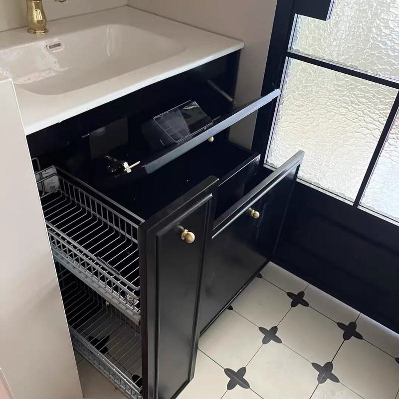 French-Style Retro Pull-Out Bathroom Cabinet Set, Oak Lacquered Bathroom Sink, Multifunctional Storage Cabinet, Washbasin