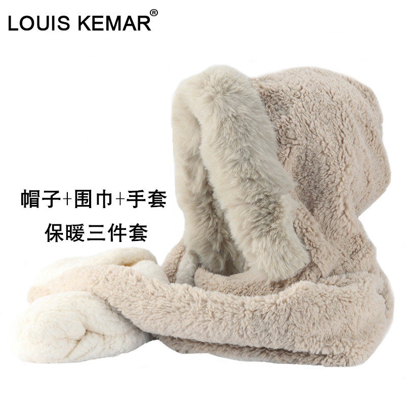 Hat women's autumn and winter scarf gloves three-piece set in one Korean version cute thickened ear protection net red warm Lei Feng hat