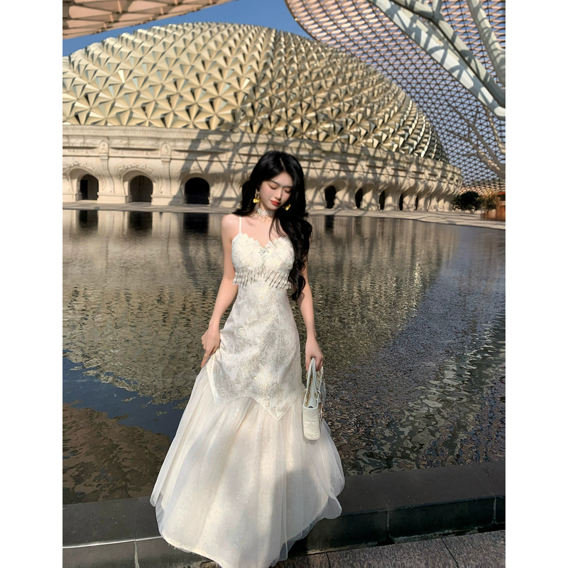 Pure and Alluring Style, Stunning White Lace Patchwork Spaghetti Strap Dress, Early Spring and Summer High-End Light Luxury Gown