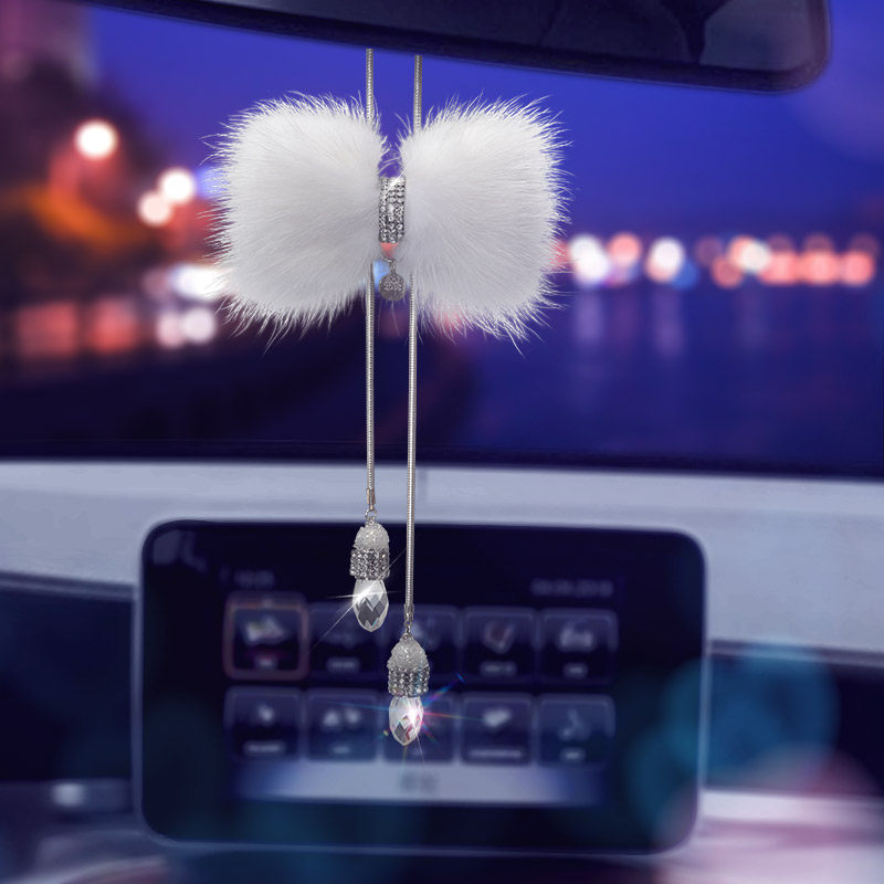 Car pendant in car Pendant Accessories High-end Lady Fox Mink Wool Crystal Butterfly Knot Cute Car Rear mirror hanging decoration