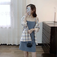 Small and mature style fairy tale style skirt super fairy forest style French temperament suspender blue dress for women