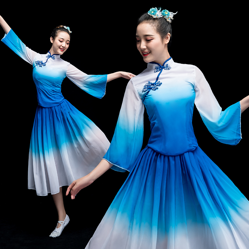 Chinese Folk Dance Costume Opening Dance Blue and White Porcelain Modern Dance Dress Chorus Long Skirt Chinese Kite Performing Dress Female Adults