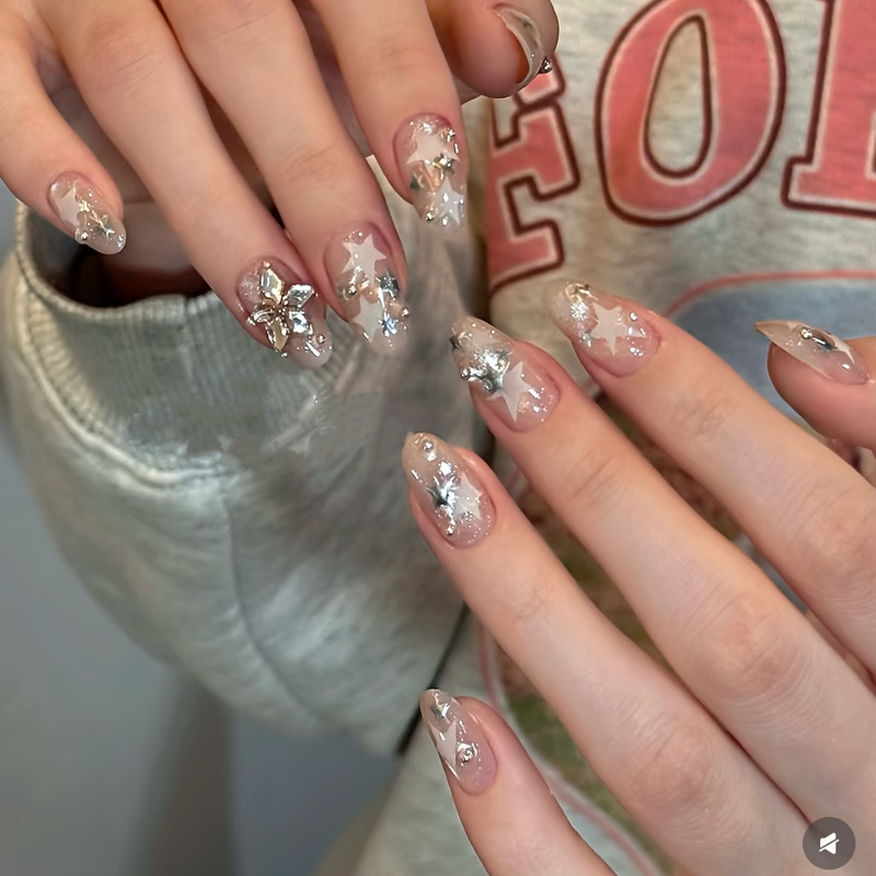 Star-Shimmering Pure Handmade Wearable Nails with a High-End Feel, Whitening Nail Stickers, Removable Fake Nails