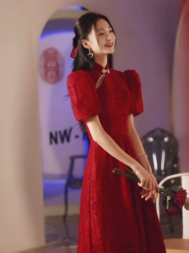 Вечернее платье, ципао, бордовое летнее свадебное платье