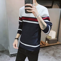 Áo len nam Kai Kai áo len nam mùa thu và mùa đông Hàn Quốc cổ tròn cho học sinh áo len dài tay sọc rộng áo khoác nam - Cardigan thoi trang nam cao cap