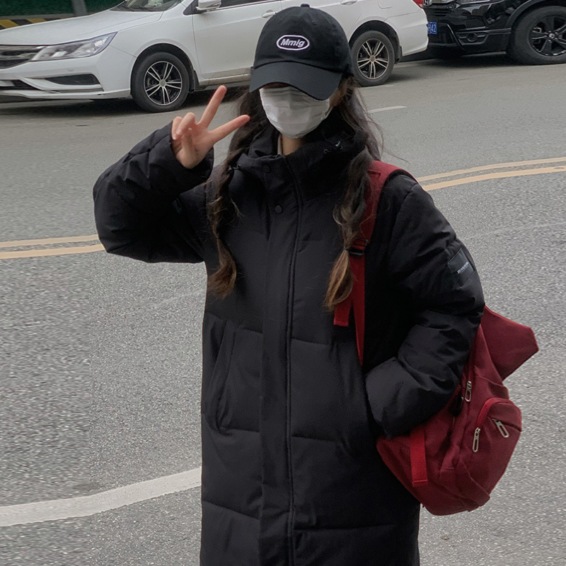 Black Cotton Coat for Women 2025 New Mid-Length Over-The-Knee Korean Style Cotton-Padded Jacket Loose Thickened Winter Coat down Cotton Coat