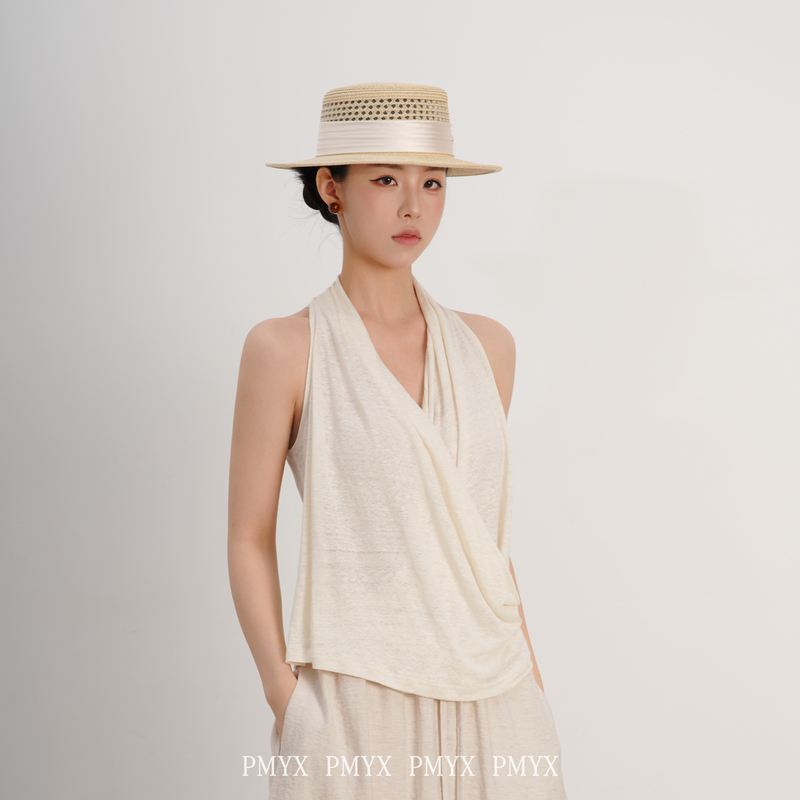 Pmyx Relaxing Aesthetics/100% Linen Relaxed Texture V-Neck Halter Neck Camisole with Cross Straps and Hidden Buttons for Women
