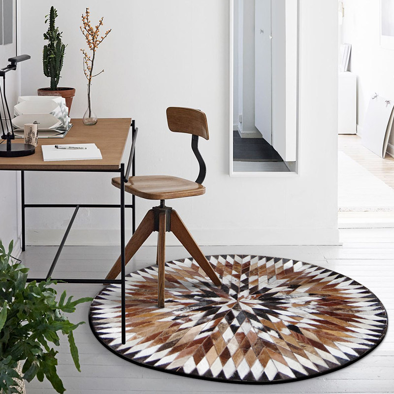 Stranghy Handmade Mosaic Cow Leather Round Carpet Art Light Lavish American Living-room Tea Table Blanket Genuine Leather Bedroom Bedside Blanket