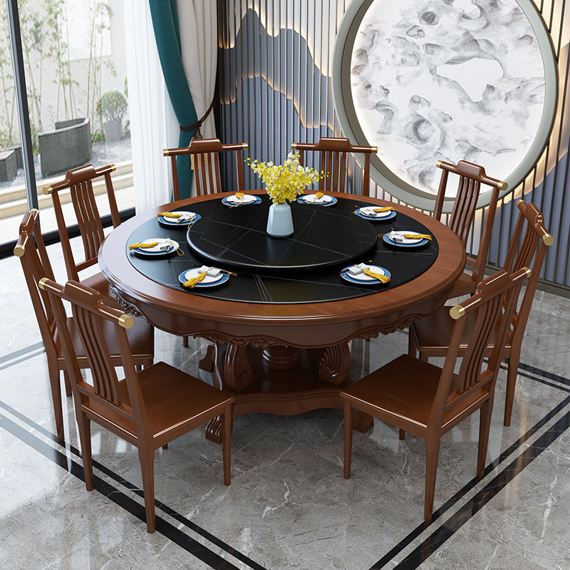 Light and luxurious New Chinese rock plate Full solid wood dining table and chairs Home Dining Room Round Commercial Dining Table With Induction Cookers Big Round Table