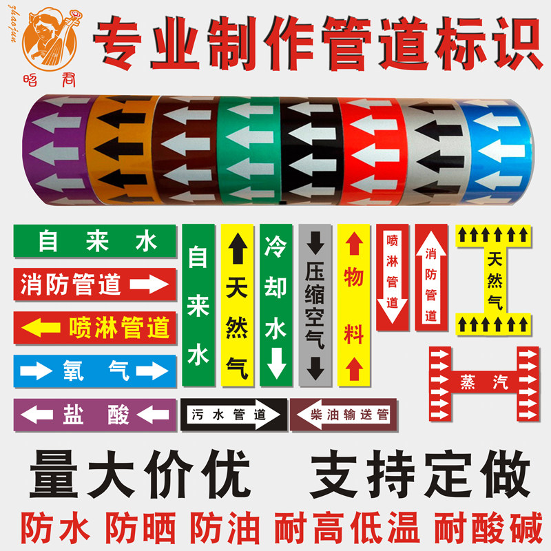 Pipe identification sticker Pipe identification flow arrow National standard reflective film Pipe color ring labeling sticker Self-adhesive label sticker custom tap water fire water compressed air gas identification sticker