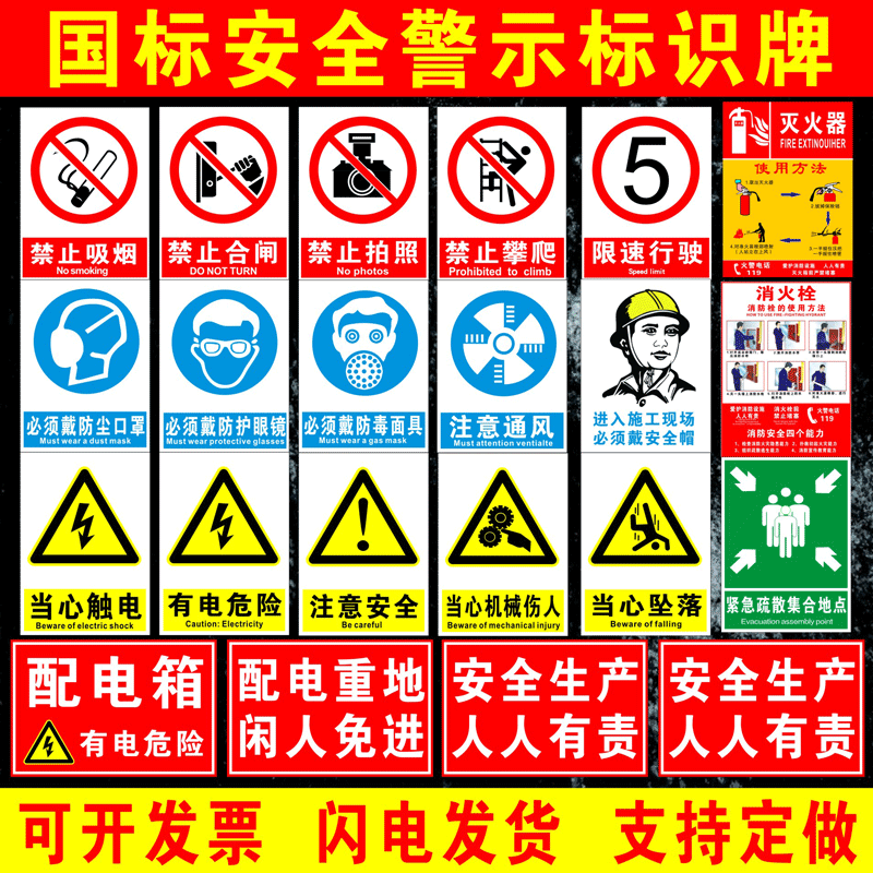 Safety ID Card Warning Signs Factory Workshop Construction Site Warning Signs Distribution Box With Electric Danger Warehouse Workshop Sign Cue Cards Forbidden Tobacco Fire Forbidden Smoking Logo Stickers Set to do
