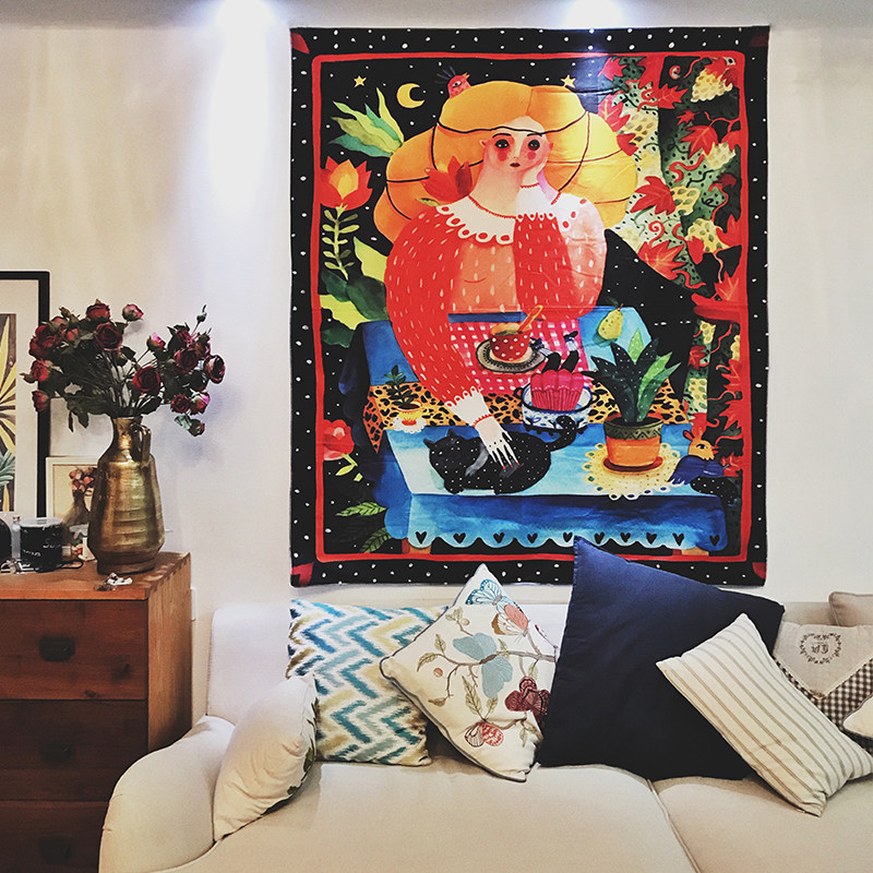 Foreign Trade Outlet Art Kitty Girl Polo Dot Flowers Plant Hanging Cloth Personality Dining Room Folk Dining Hall Decoration Background Cloth