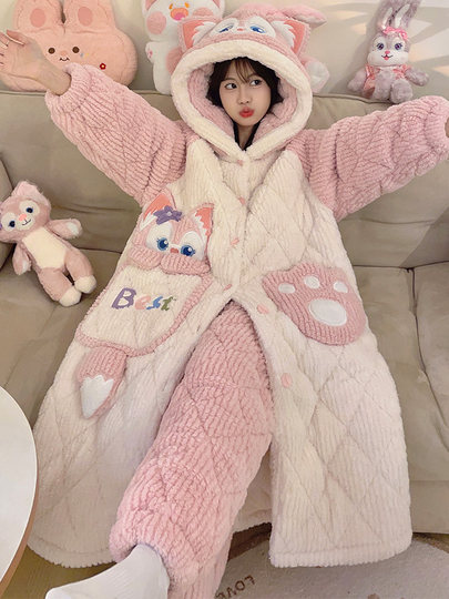 2026 New Autumn and Winter Three-Layer Quilted Women's Nightgown Coral Fleece Pajama Set with Extra Fleece and Thickened Loungewear