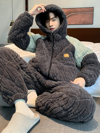 Autumn and Winter Youth Men's Pajamas Three-Layer Quilted Coral Velvet Fleece-Lined Thickeneded Middle School Student Home Clothes Set