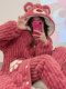 Three-Layer Quilted Long Nightgown, Thickened Coral Fleece, Plush Strawberry Bear Pajamas for Women, Winter Flannel Set