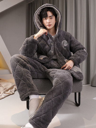 Three-layer quilted letter men's pajamas large size suit autumn and winter new coral velvet plus velvet thickened home clothes