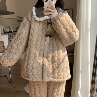 2026 New Autumn and Winter Three-Layer Quilted Women's Plus-Size Pajamas Coral Fleece Thickened Loungewear Set