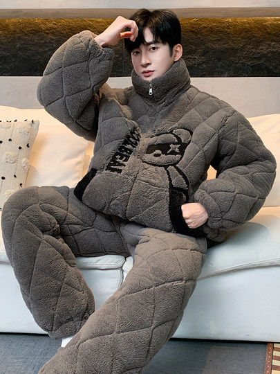 2026 New Autumn and Winter Men's Three-Layer Quilted Pajamas for Teenagers, Fleece-Lined and Thickened Coral Fleece Set, Loungewear