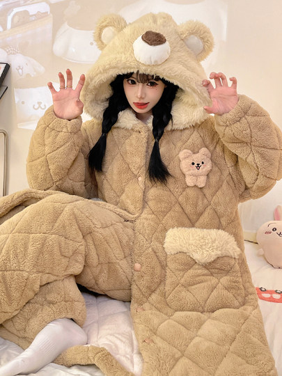 2026 New Autumn and Winter Women's Nightgown, Cute Three-Layer Quilted Pajamas, Fleece-Lined and Thickened Coral Fleece Loungewear