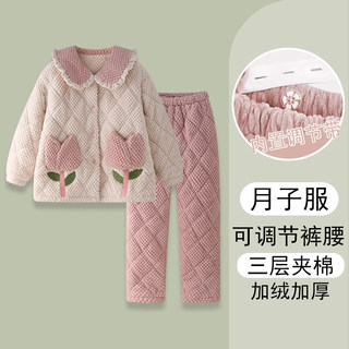 Autumn and Winter Postpartum Three-Layer Quilted Fleece-Lined Thickened Women's Set, Maternity Wear, Coral Fleece Pajamas, Loungewear