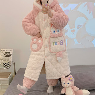 Autumn and Winter Women's Three-Layer Quilted Nightgown 2026 New Coral Velvet Fleece-Lined Thickened Pajamas Home Wear Set