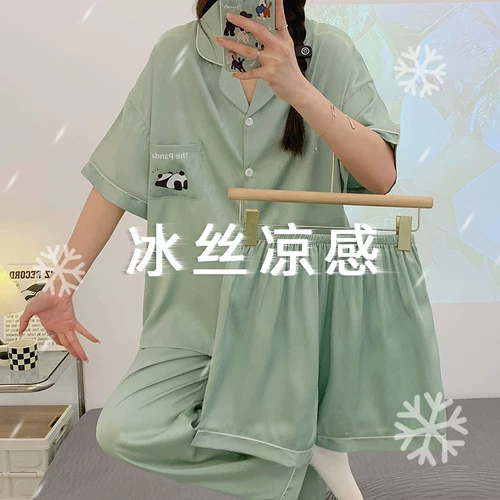 Шелковая летняя пижама, комплект, штаны, 3 предмета, короткий рукав, размер, изысканный стиль