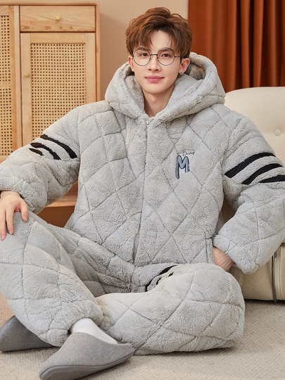 2026 New Autumn and Winter Coral Fleece Pajamas for Teenagers, Men's Three-Layer Quilted and Thickened Set, Loungewear