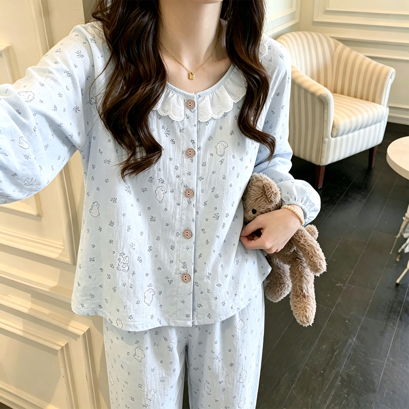 Cute Rabbit Cloud Cotton Pajamas for Women, Spring and Autumn Long-Sleeved 2026 New Blue Set, Can Be Worn Outside, Loungewear