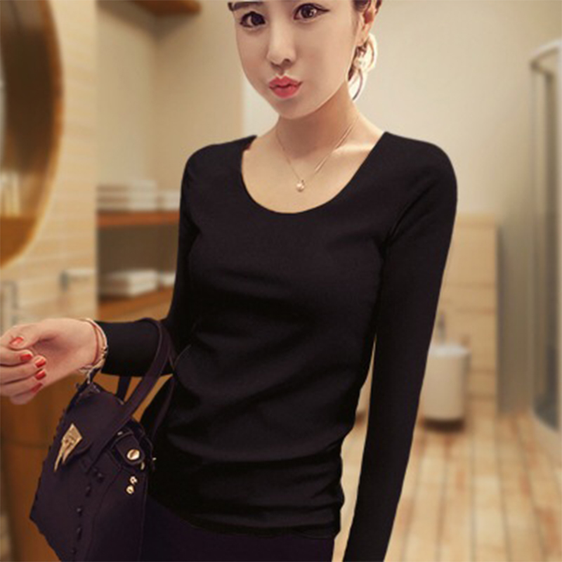 images 0:Pure Cotton 2021 Spring Installation New Korean Version Black Tight Bottom Shirt White Long Sleeve T-shirt Female Autumn Clothes Paid with Upper