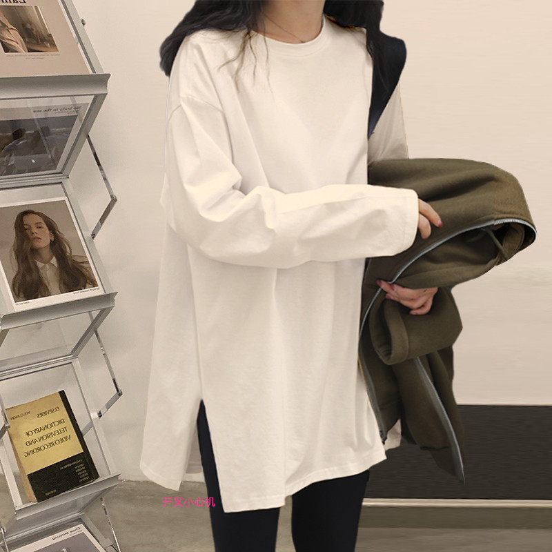 Pure Cotton White Long Sleeve T Shirt Woman Loose Spring Autumn Winter Loose in the middle of the undershirt woman inside a covered butt jacket-Taobao