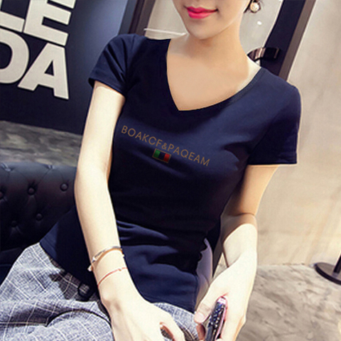 Red T-shirt black V-neck short-sleeved cotton T-shirt nuns design sense niche half-sleeved low-neck blouse looks thin summer-Taobao