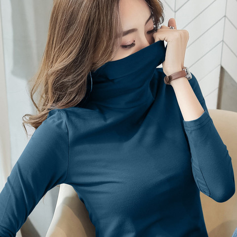 High collar primers early autumn 2022 new pile collar blue autumn and winter jacquard ladies long sleeved t-shirt blouse tide - Taobao