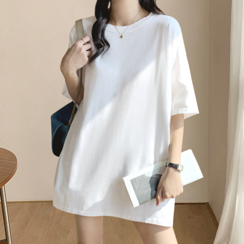 Mid-Length White Short-Sleeve T-Shirt for Women, Summer Loose Fit, Covers the Hips, Plus Size, Slimming Base Layer