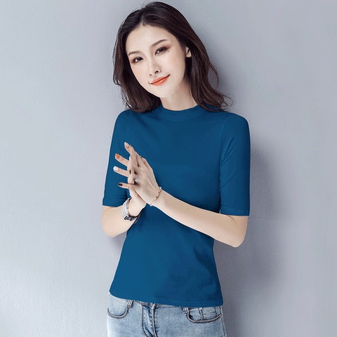 Five-point sleeves half-high collar T-shirt woman tight middle neck shirt 2022 new sleeved cotton seven-point sleeve blouse summer-Taobao