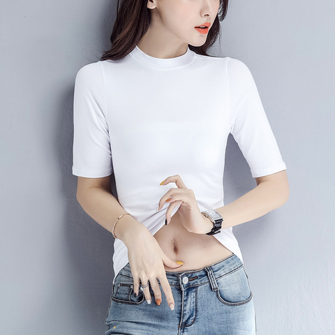 Early autumn new short-sleeved t-shirt girl 2022 Korean version half-high-collar body tender pure cotton T hundred top-hit bottom shirt