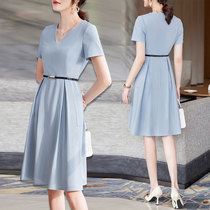Blue Short Sleeves Dress Skirt Woman Summer Thin small sublarge size Waistcoat Professional Temperament goddess Fan mid-length dress