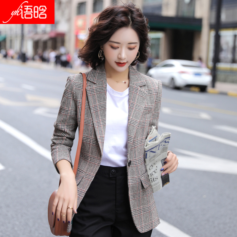 Plaid small suit jacket women's spring and autumn Korean version of British style temperament short style small top casual gray suit