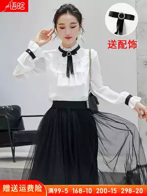 White chiffon shirt female wooden ear court style inner shirt design sense niche autumn bow knot bottom shirt