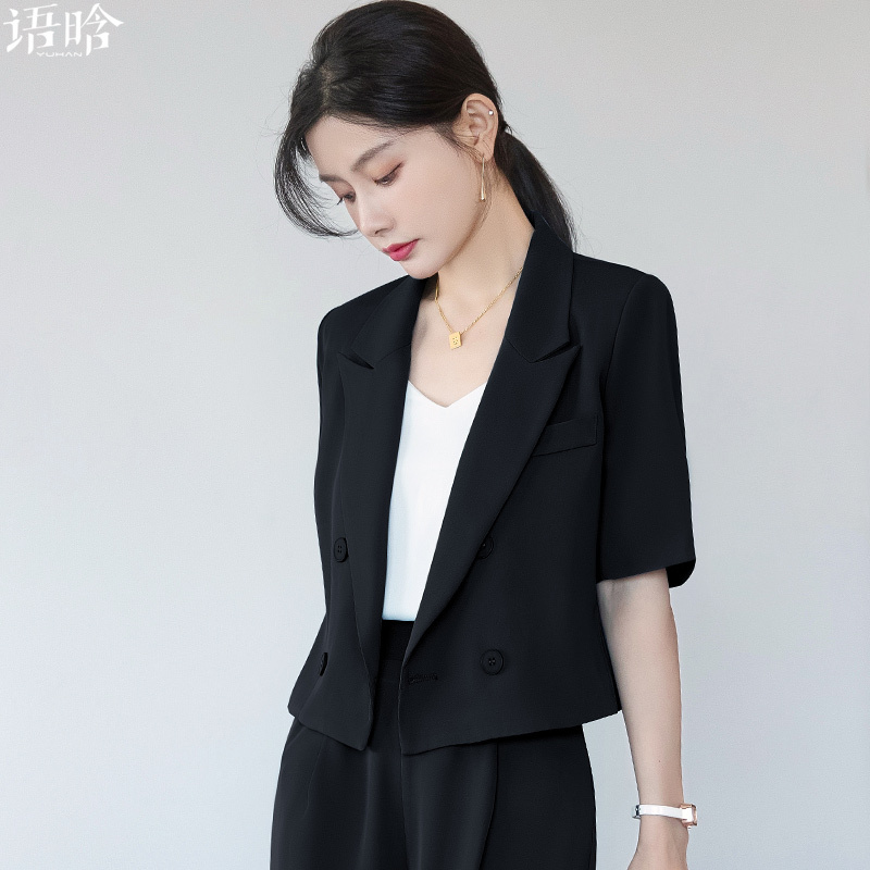 Short-Sleeved Black Blazer for Women 2025 New Summer Thin Short Style Petite Professional Elegant Suit Set