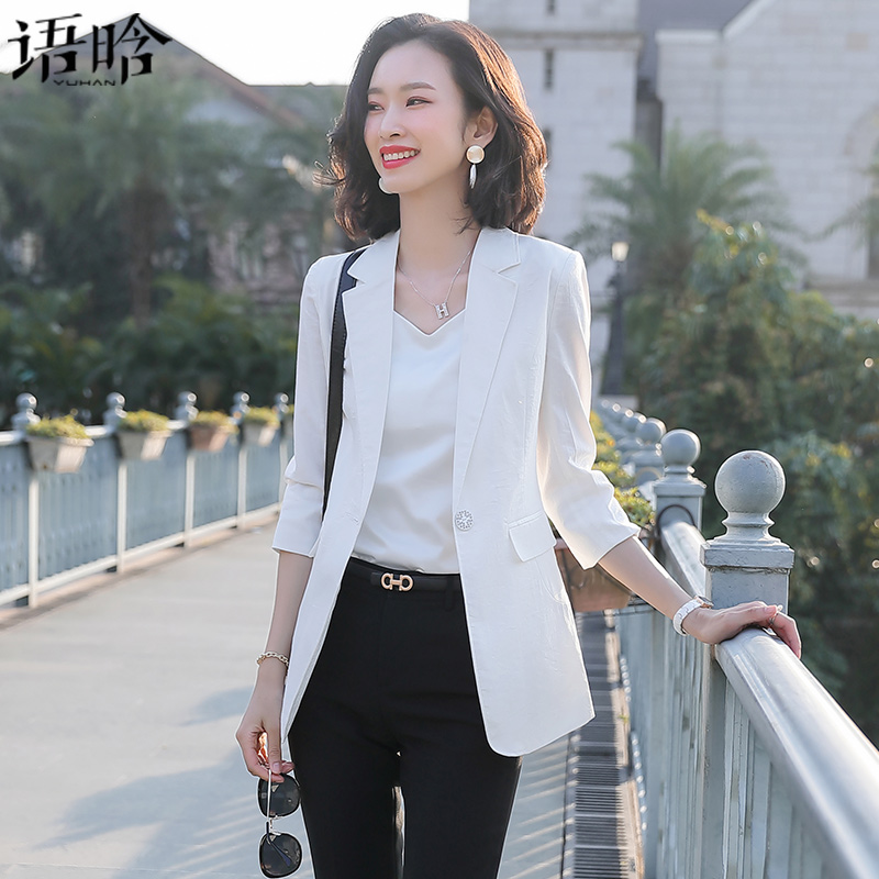 White three-quarter sleeve suit jacket women's summer thin linen slim top casual mid-sleeve small suit suit summer