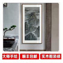 Pure Hand Painted Country Painting Landscape Banner Customize Taishan God Rhyme Rhyming Living Room Modern Decoration Hanging Painting Solid Wood Belt Frame