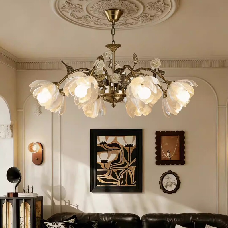 Pastoral Living Room Chandelier, French Retro Main Hall Lamp, Vintage Style Petal Art, Light Luxury, Warm Atmosphere Lighting Fixtures