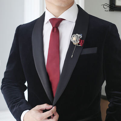 NOTKNOT High-end wedding groom and best man narrow tie, men's formal wear wine red solid color pocket square tie clip