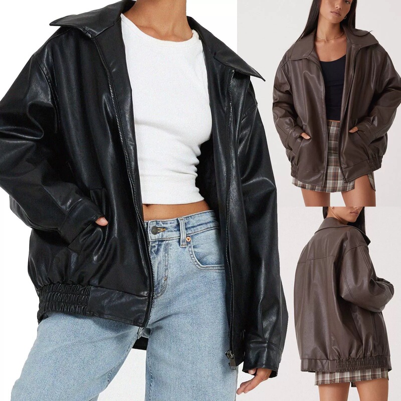 European and American Style Autumn and Winter Motorcycle-Style Jacket with Oversized Lapels, Elastic Hem, Zipper, Pu Leather, and Drop Shoulder Design European and American Style Autumn and Winter Motorcycle-Style Jacket with Oversized Lapels, Elastic Hem, Zipper, Pu Leather, and Drop Shoulder Design