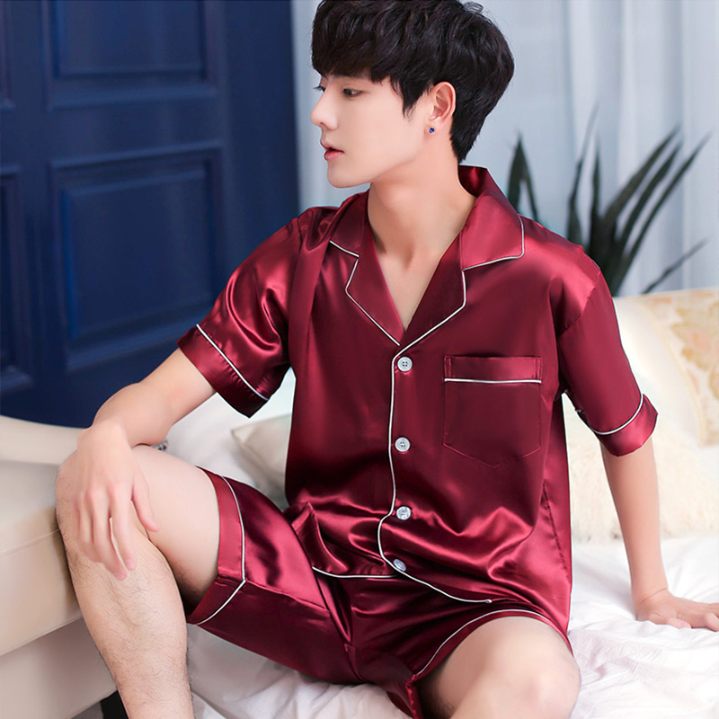 Men's pajamas summer new short sleeve two ice silk simulation simulation silk big-code home clothing in summer